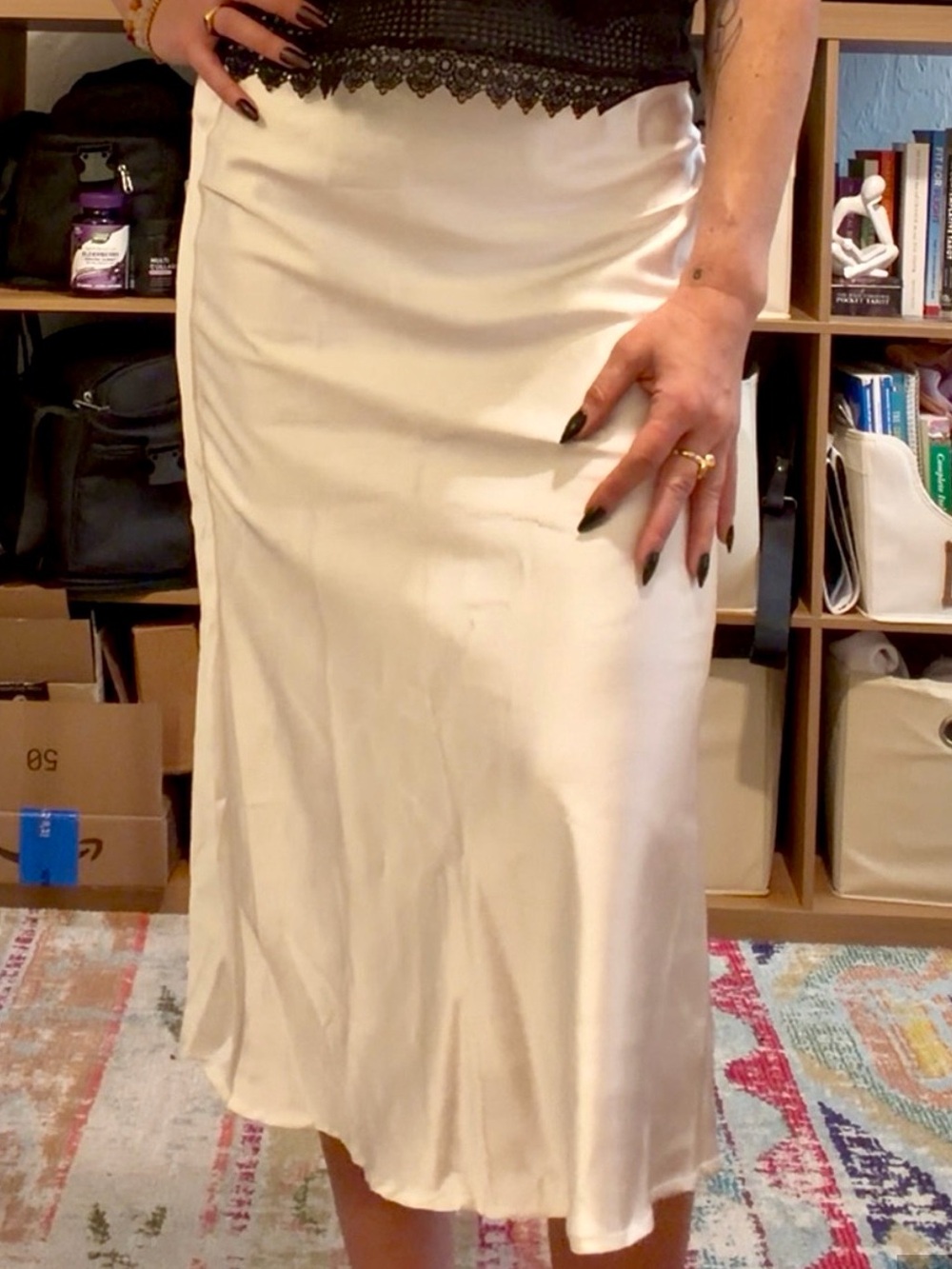 Ivory Satin Slip Midi Skirt Elastic Waist Women’s Size S 4-6 NWT